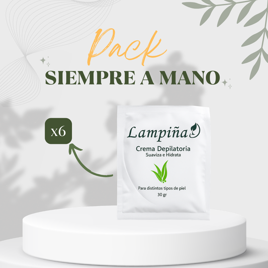 Pack Siempre a Mano Lampiña · seis sobres de crema depilatoria de 30 gramos