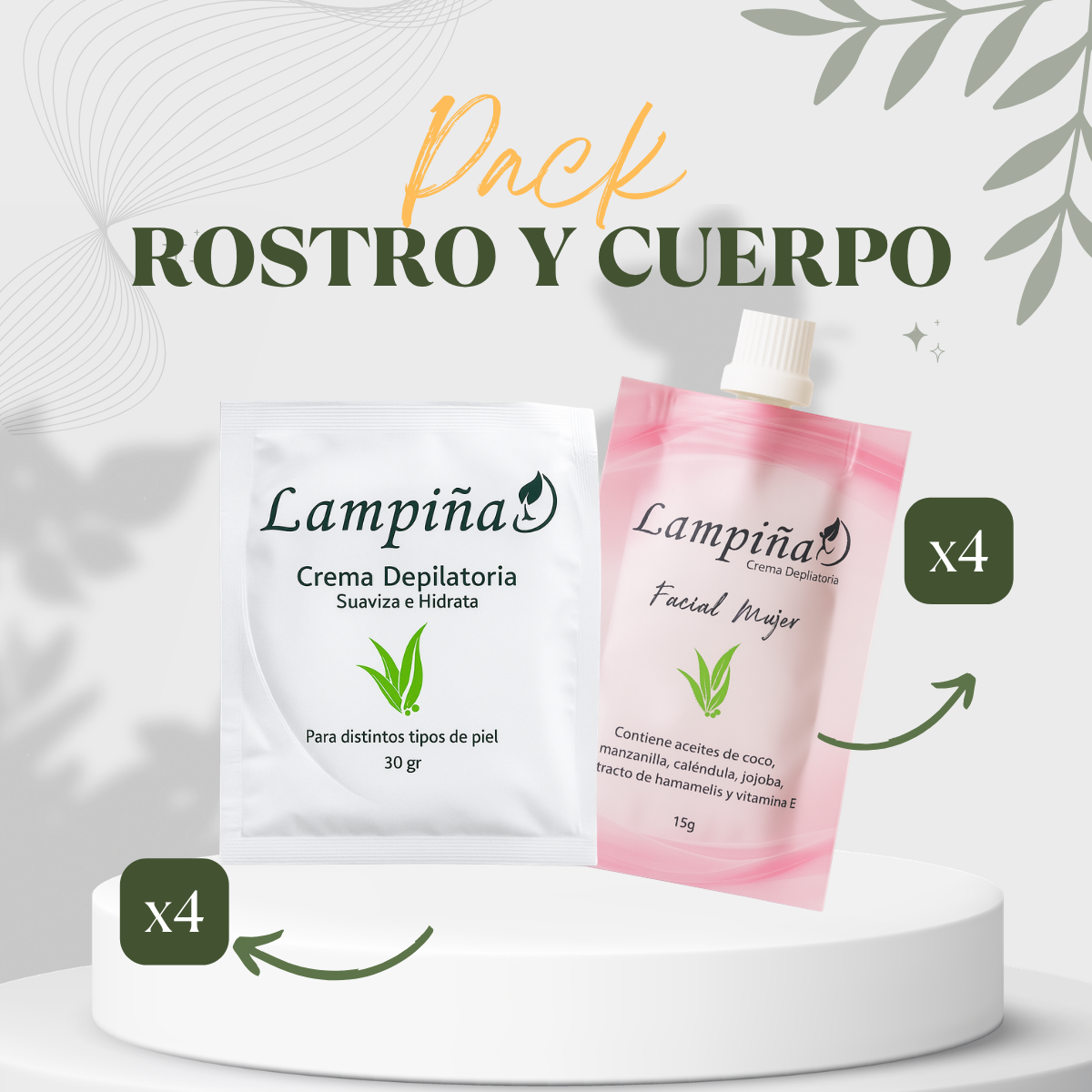 Pack Rostro y Cuerpo Lampiña: 4 cremas faciales de 15 g y 4 sobres corporales de 30 g